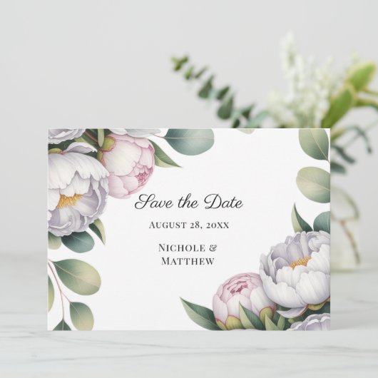 Watercolor White Peonies Wedding Save The Date (Staand voorkant)