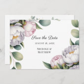 Watercolor White Peonies Wedding Save The Date (Voorkant / Achterkant)