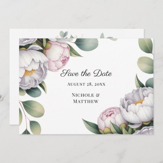 Watercolor White Peonies Wedding Save The Date (Voorkant / Achterkant)