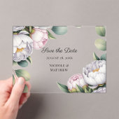 Watercolor White Peonies Wedding Save the Date Acryl Uitnodigingen (Insitu (Draagbaar))