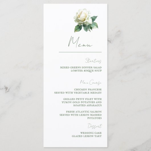 Watercolor White Rose Elegant Botanical Wedding Menu (Voorkant)