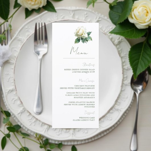 Watercolor White Rose Elegant Botanical Wedding Menu