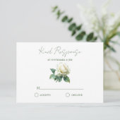 Watercolor White Rose Elegant Botanical Wedding RSVP Kaartje (Staand voorkant)