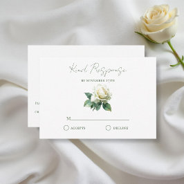 Watercolor White Rose Elegant Botanical Wedding RSVP Kaartje