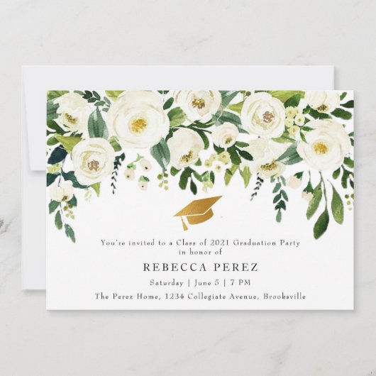 Watercolor White Roses Greenery Graduation Party Kaart (Voorkant)