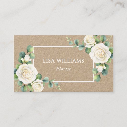 Watercolor  White Roses Greenery Rustic Visitekaartje (Voorkant)