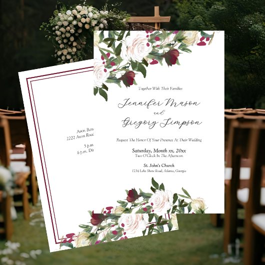 Watercolor White Roses with Cranberry Wedding Kaart