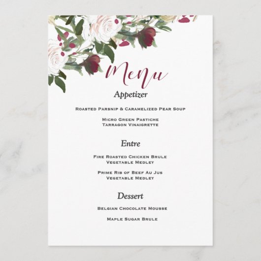Watercolor White Roses with Cranberry Wedding Menu (Achterkant)