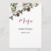 Watercolor White Roses with Cranberry Wedding Menu (Voorkant)