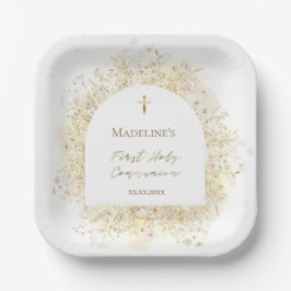 watercolor white yellow flowers First Communion Papieren Bordje