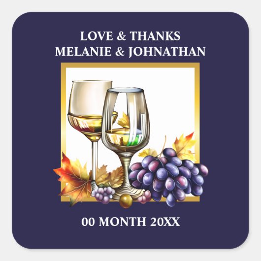 Watercolor wijnglazen druiven blauwe pruim goud bo vierkante sticker (Voorkant)