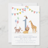 Watercolor Wild Animals First Birthday Kaart (Voorkant)