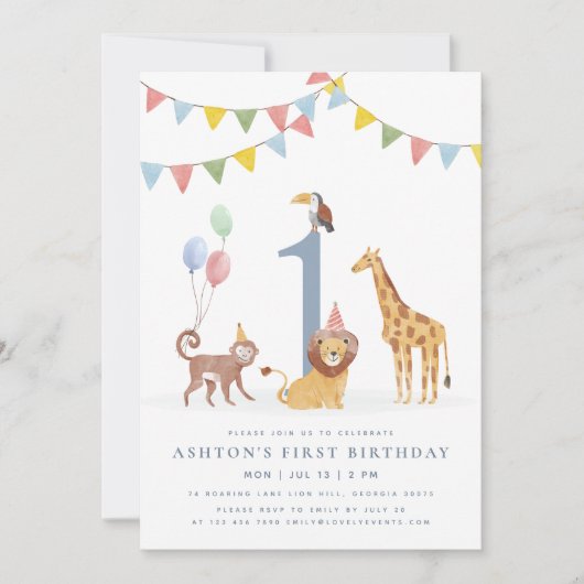 Watercolor Wild Animals First Birthday Kaart (Voorkant)
