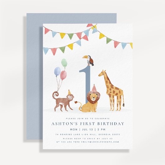 Watercolor Wild Animals First Birthday Kaart
