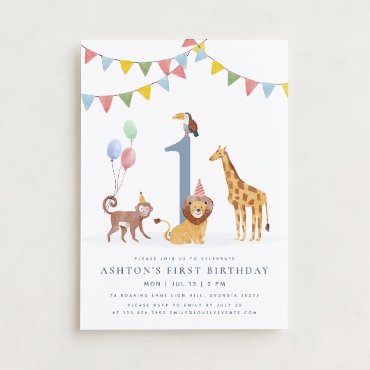 Watercolor Wild Animals First Birthday Kaart