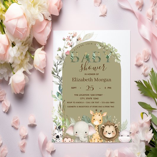 Watercolor Wild Animals Flowers Baby Shower Kaart