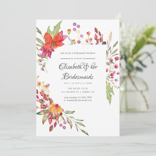 Watercolor Wilde Bloem Bruidsmeisjes Luncheon Kaart (Staand voorkant)
