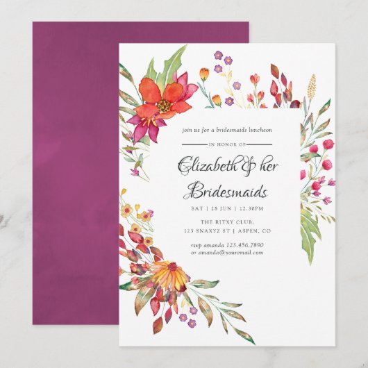 Watercolor Wilde Bloem Bruidsmeisjes Luncheon Kaart (Voorkant / Achterkant)
