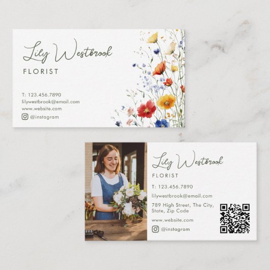 Watercolor Wilde Bloem Elegant Script Foto QR Code Visitekaartje (Voorkant / Achterkant)