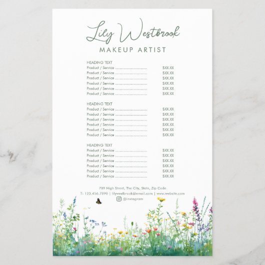 Watercolor Wilde Bloem Florale Script Service Menu (Voorkant)