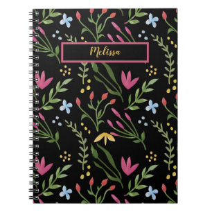 Watercolor Wilde Bloem Zwart Botanisch Bloemmotief Notitieboek