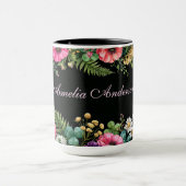 Watercolor Wilde Bloem Zwart met Aangepaste Naam Mok (Midden)