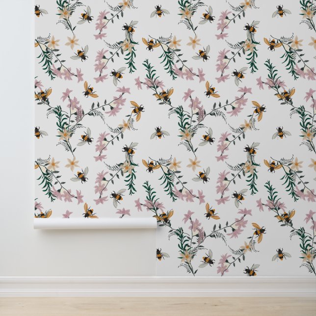 Watercolor Wilde Bloemen Bijen Behang (Applicatie)