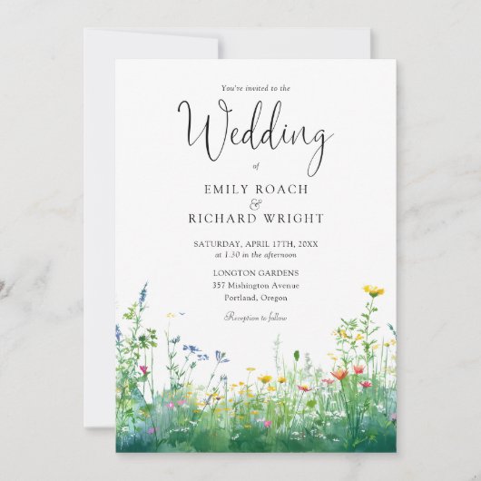 Watercolor Wilde Bloemen Bloem QR Code Trouwen Kaart (Voorkant)