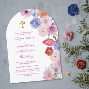 Watercolor Wilde Bloemen Boog Religieuze Trouwfees Kaart