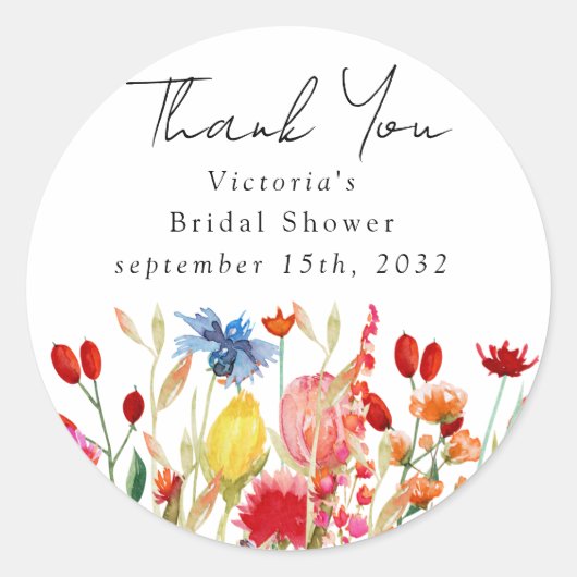 Watercolor Wilde Bloemen Bruidsfeest Ronde Sticker (Voorkant)