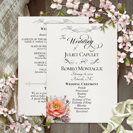 Watercolor Wilde Bloemen - Crème Huwelijk Programmakaart