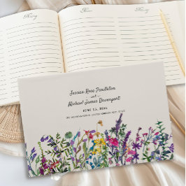 Watercolor Wilde Bloemen Crème Paarse Trouw Gastenboek