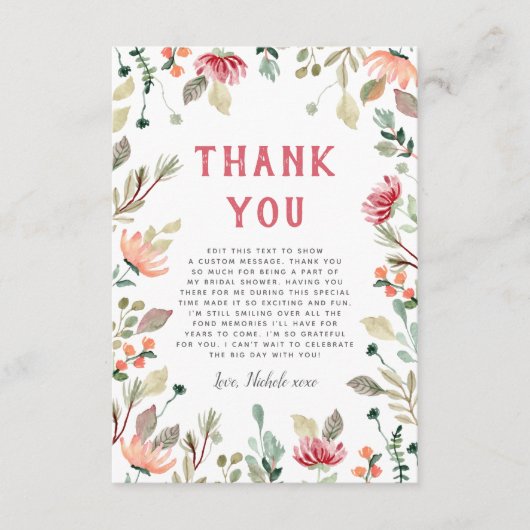 Watercolor Wilde Bloemen Cute Bruidsmeisjesfeestje Bedankkaart (Voorkant)