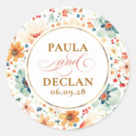 Watercolor Wilde Bloemen Elegante Herfst Bruiloft Ronde Sticker