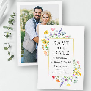 Watercolor Wilde Bloemen Foto Goud Save The Date