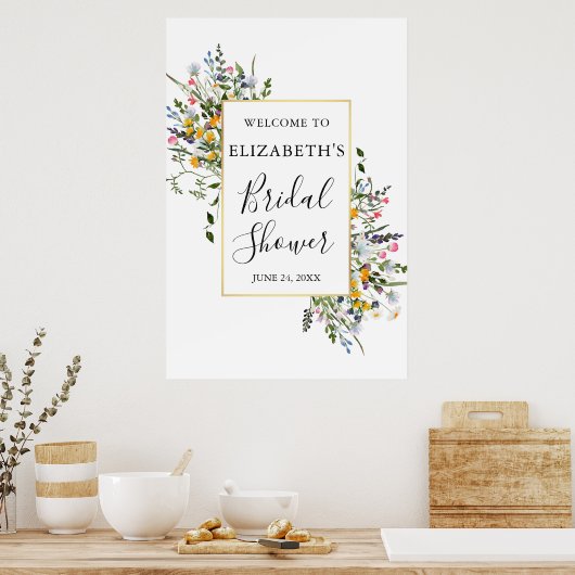 Watercolor Wilde Bloemen Gouden Lijst Bruiloft Poster (Keuken)