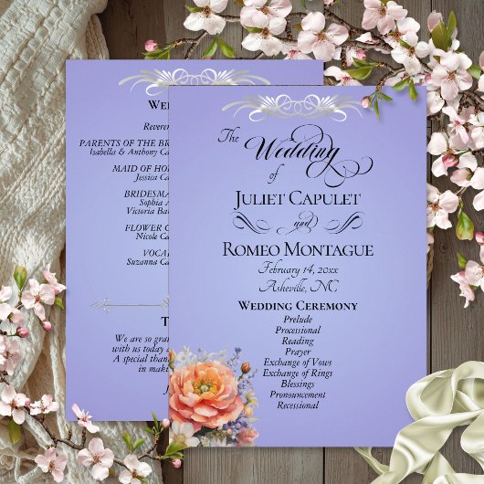 Watercolor Wilde Bloemen - Hemelblauwe Bruiloft Programmakaart