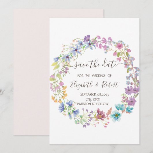 Watercolor Wilde Bloemen Krans Save The Date (Voorkant / Achterkant)