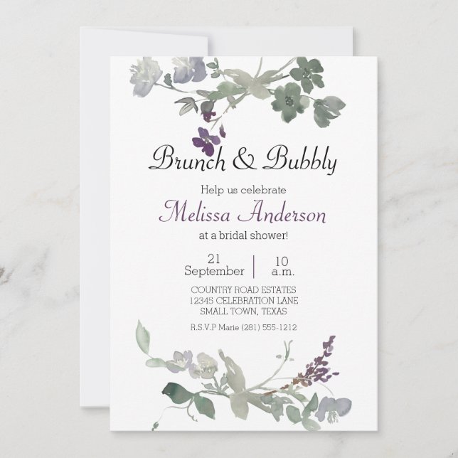 Watercolor Wilde Bloemen Lavendel Bruids Brunch (Voorkant)