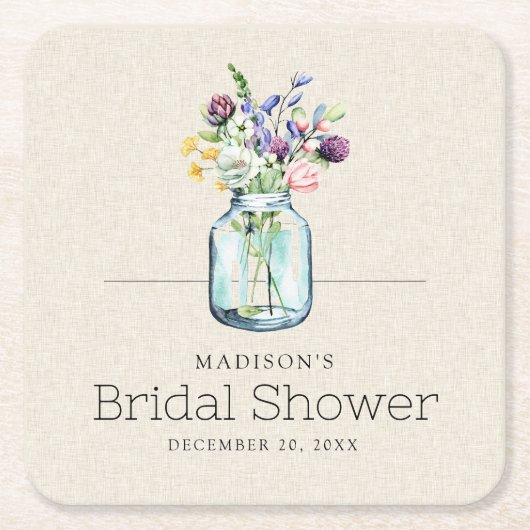 Watercolor Wilde Bloemen Linnen Boho Bruiloftsfees Kartonnen Onderzetters (Voorkant)