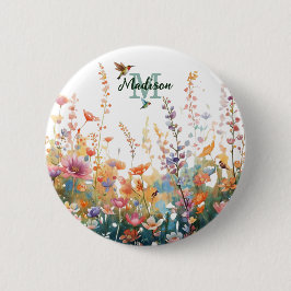 Watercolor Wilde Bloemen Monogram Gepersonaliseerd Ronde Button 5,7 Cm