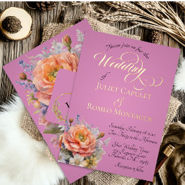 Watercolor Wilde Bloemen, Monogram - Roze Roze Folie Uitnodiging