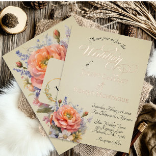 Watercolor Wilde Bloemen, Monogram - Tarwe Folie Uitnodiging