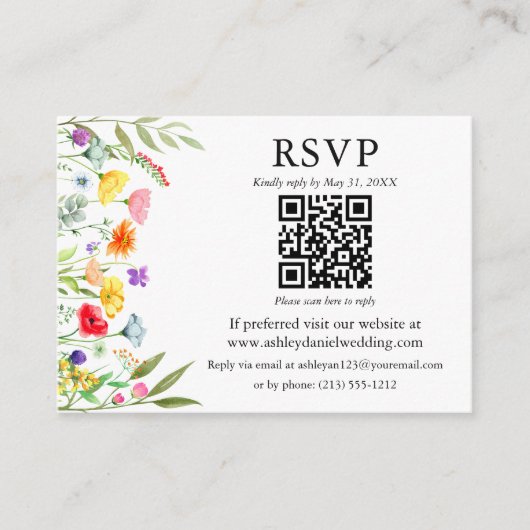 Watercolor Wilde Bloemen QR RSVP Trouwen Informatiekaartje (Voorkant)