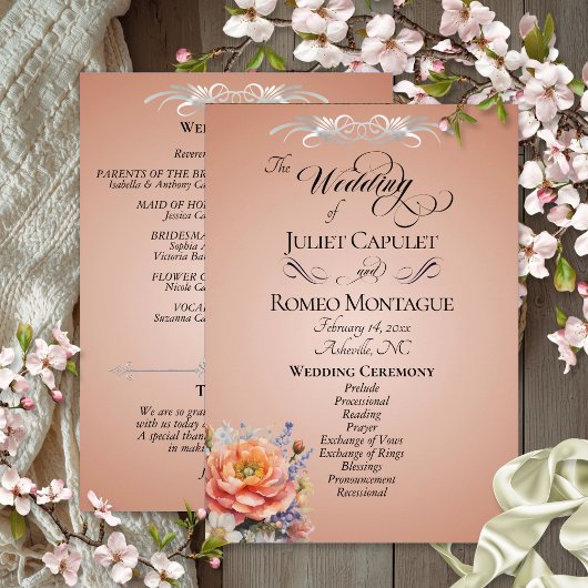 Watercolor Wilde Bloemen - Roze Gouden Bruiloft Programmakaart