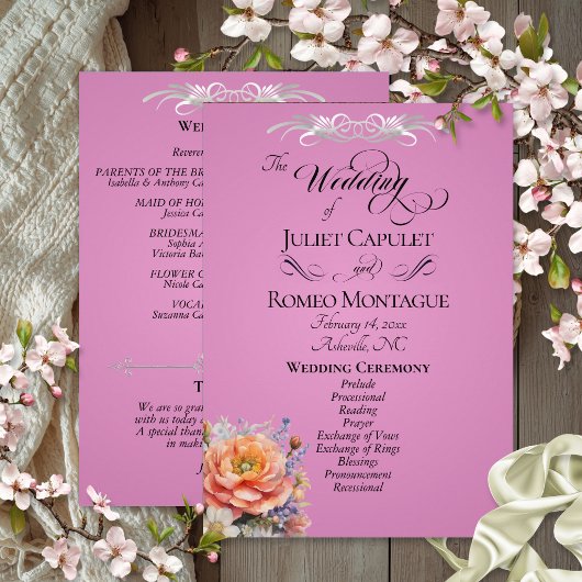 Watercolor Wilde Bloemen - Roze Roze Trouwdag Programmakaart