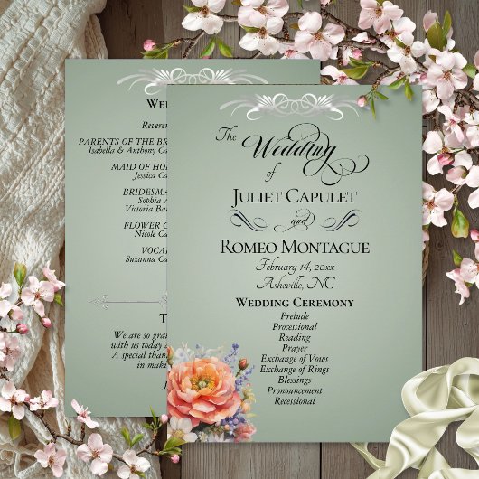 Watercolor Wilde Bloemen - Salie Bruiloft Programmakaart