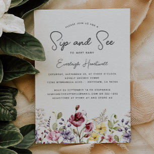 Watercolor Wilde Bloemen Sip en Zie Baby Shower Kaart