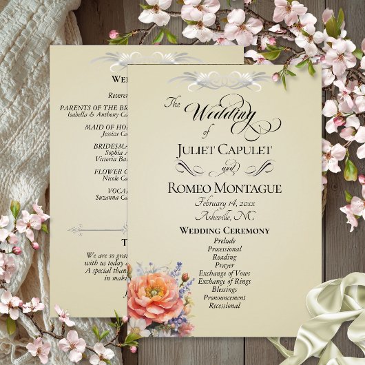 Watercolor Wilde Bloemen - Tarwe Bruiloft Programmakaart