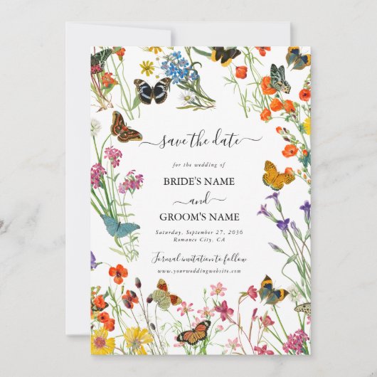 Watercolor Wilde Bloemen Vlinders Bloemige Trouwda Save The Date (Voorkant)
